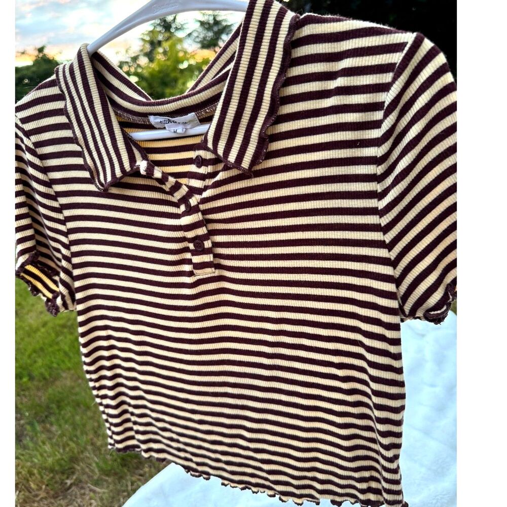 Stitch & Pine Brown and Yellow Stripe Cropped Polo Shirt With Lettuce Hem Size M